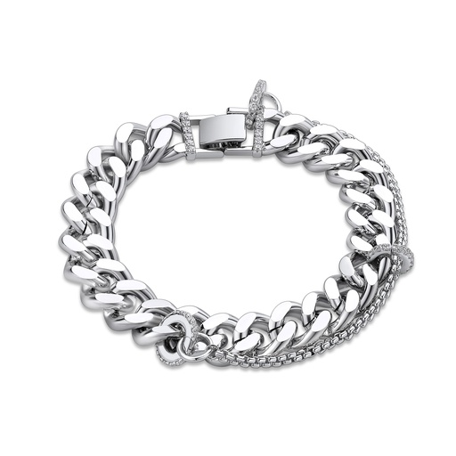 [BJ01B0004-2] Elegant Stainless Steel Bracelet with Cubic Zirconia & Rolo Chain