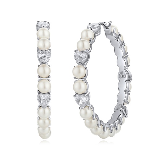 [BJ01E0201] Pearl and Crystal Alternating Silver Hoop Earrings