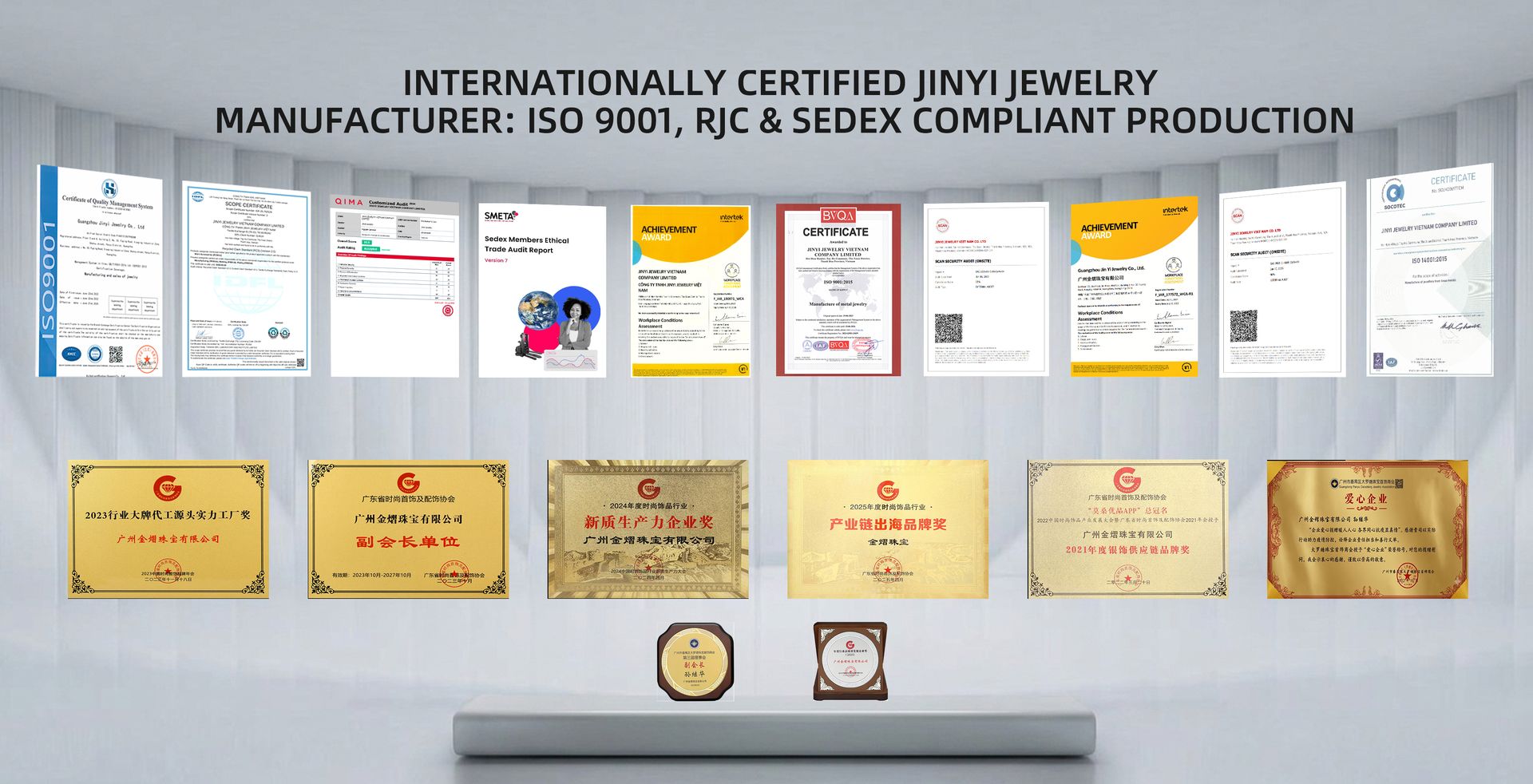 Internationally certified Jinyi Jewelry manufacturer displaying ISO, RJC, and Sedex compliance certificates and awards.
