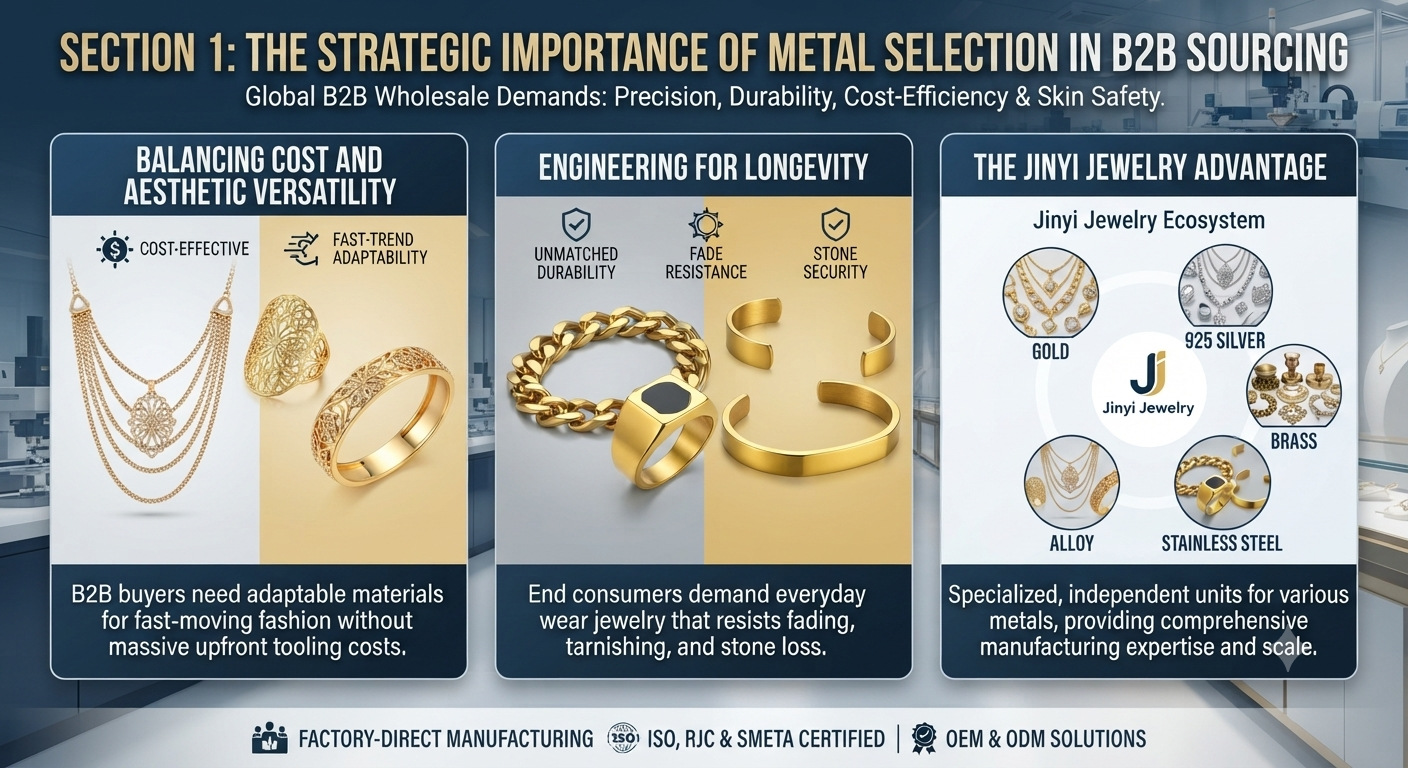 Jinyi Jewelry B2B metal selection guide infographic comparing alloy versatility, stainless steel longevity, and specialized manufacturing units for wholesale sourcing.