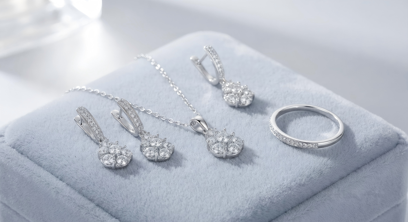 925 Sterling Silver Jewelry Set with Pavé Cubic Zirconia on Grey Velvet
