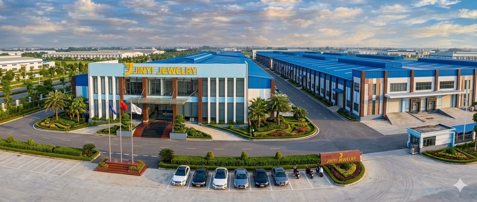 Jinyi Jewelry Factory Manufacturing Facility Overview Jinyi Jewelry large-scale manufacturing factory exterior view in Thanh Hoa Vietnam, showing modern production facilities and headquarters for B2B jewelry supplier operations.