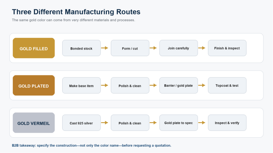 B2B jewelry manufacturing process comparison for gold filled, gold plated, and gold vermeil products