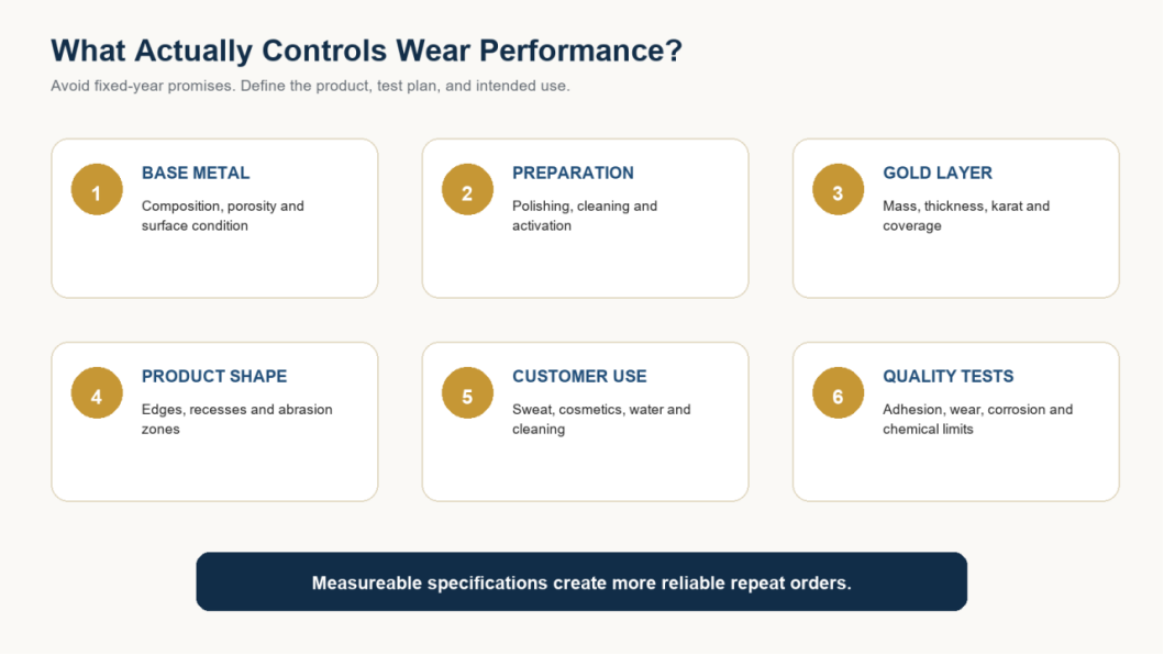 Infographic showing six factors that affect gold jewelry coating durability and wear performance