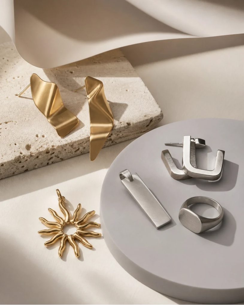 Cast Fashion Jewelry and Stainless Steel Design Directions Gold-tone folded-ribbon earrings and sunburst pendant beside brushed stainless steel earrings, pendant, and signet ring