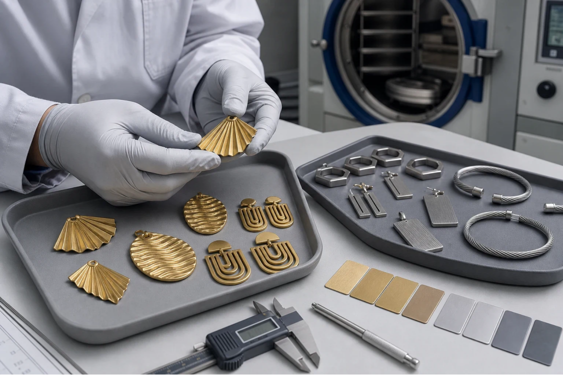 Jewelry Surface Finishing and Quality Inspection Illustrative jewelry quality-control scene with gold-tone cast components, geometric stainless steel pieces, finish samples, and measuring tools