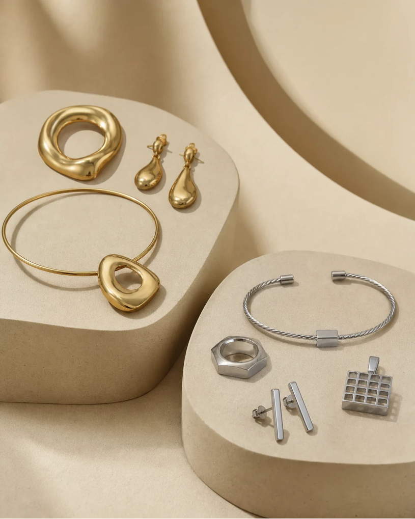 Multi-Material Jewelry Collection Strategy Gold-tone organic cast jewelry and silver-tone geometric stainless steel pieces arranged on sculptural plinths