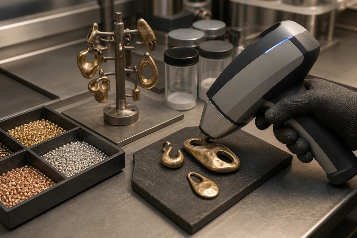 Lead and Cadmium Control in Jewelry Production Generic alloy analyzer checking cast jewelry components beside separated raw material lots