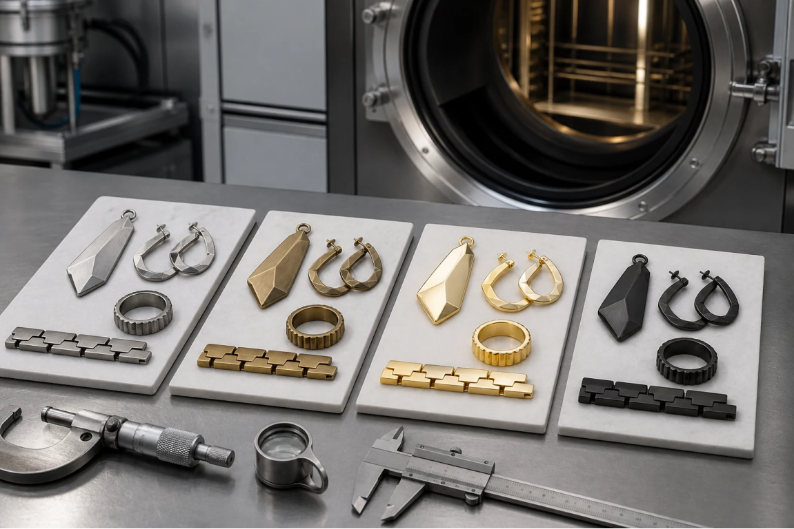 Jewelry Surface Finishing and PVD Process Control Stainless steel and brass jewelry components shown across unfinished, gold, and dark surface finishes