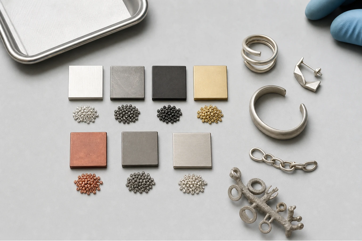 Seven Metal Safety Risks for Jewelry Buyers Seven unlabeled metal samples with original jewelry components arranged for B2B risk screening