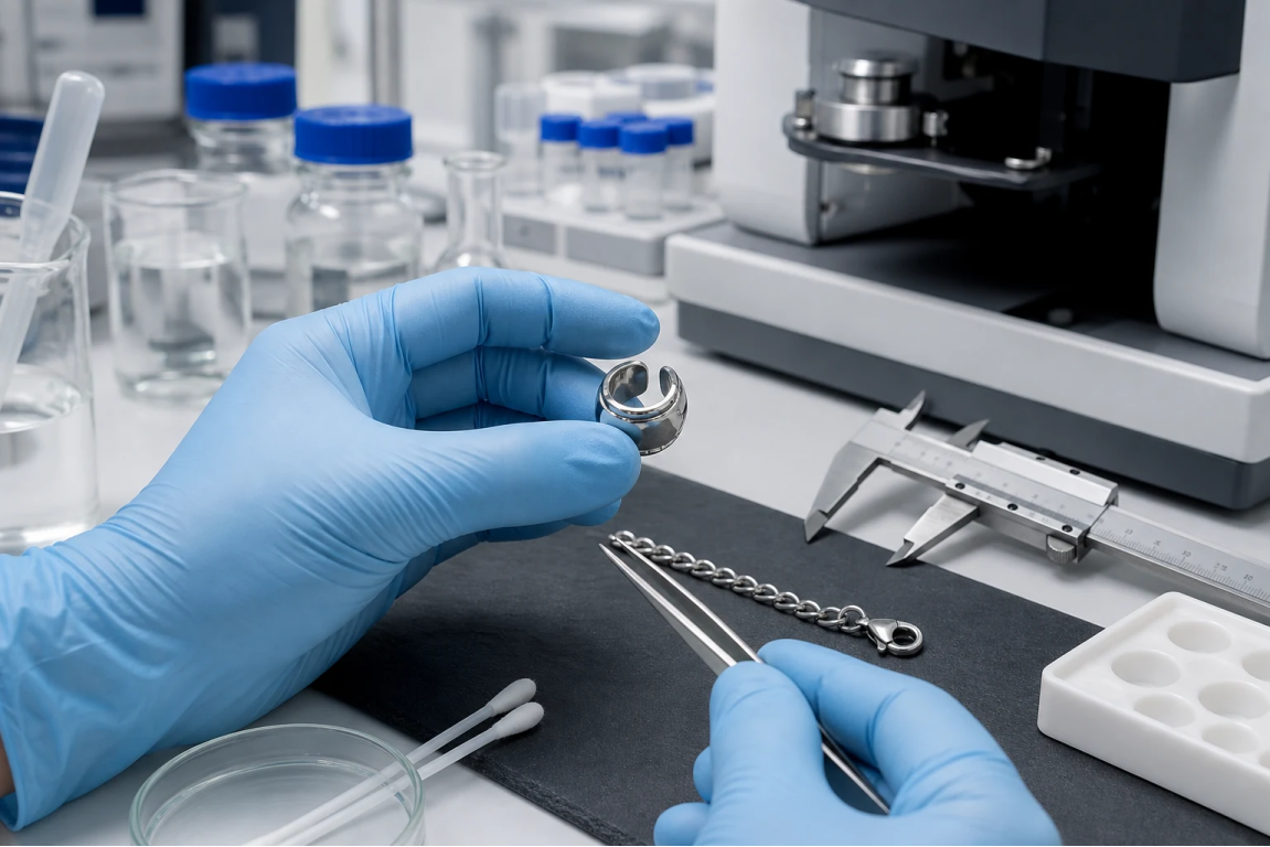 Nickel Release and Skin-Contact Jewelry Testing Gloved quality-control technician preparing stainless steel jewelry components for laboratory evaluation