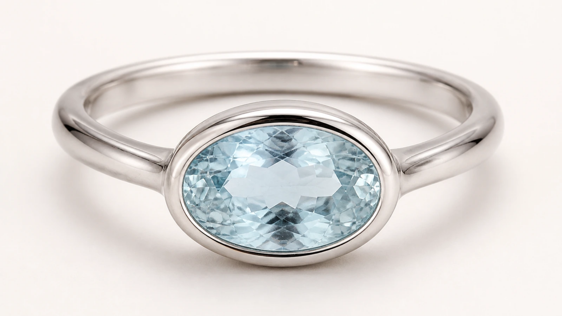 Photorealistic macro photograph of an oval pale-blue gemstone enclosed by a continuous polished silver bezel rim.
