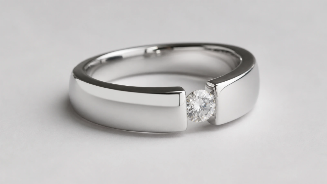 Photorealistic macro photograph of a round gemstone held between two opposing polished band ends in a tension-style ring.