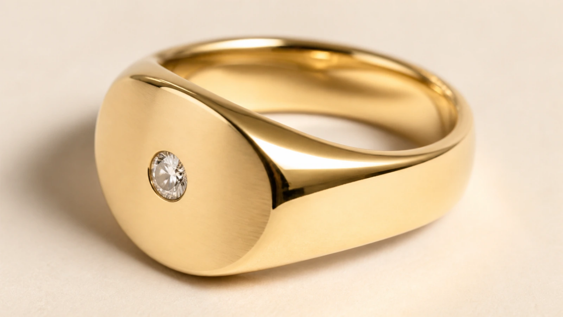 Photorealistic macro photograph of a small round gemstone seated nearly level with the surface of a thick gold signet ring.