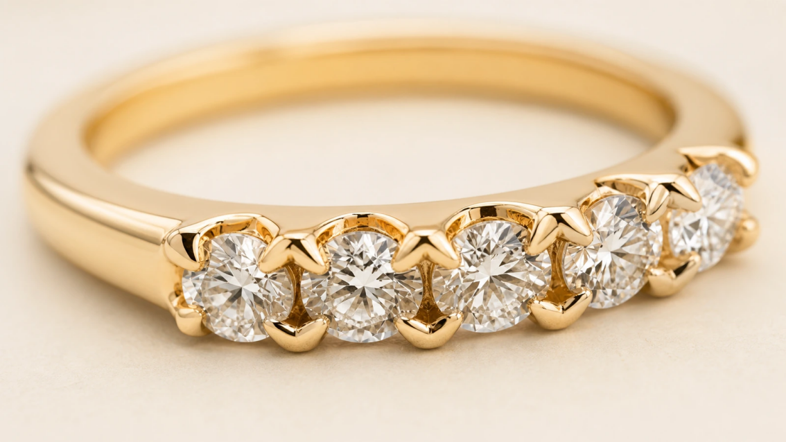 Photorealistic macro photograph of a curved diamond row secured by pointed shared claw prongs in a gold ring.