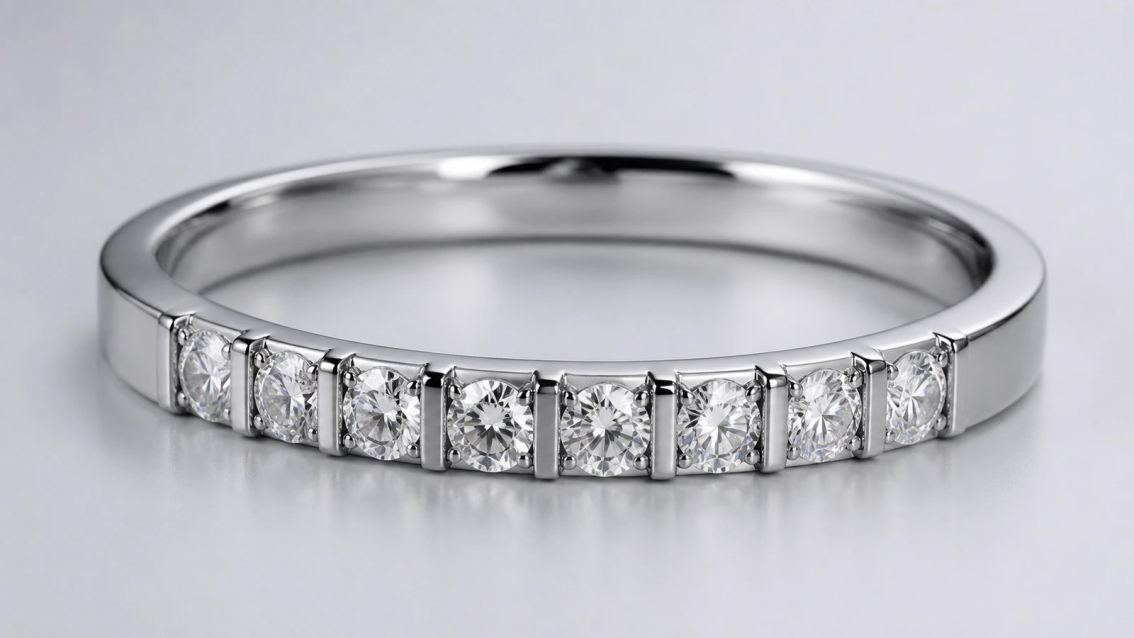 Photorealistic macro photograph of a diamond row separated and retained by polished vertical bars in a platinum band.