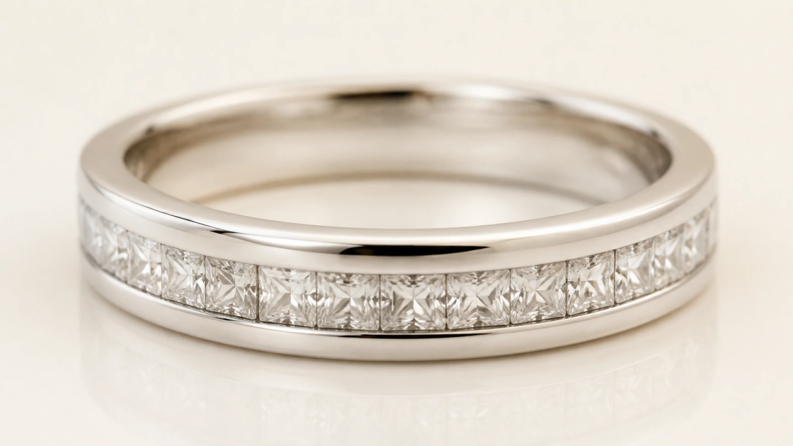 Photorealistic macro photograph of calibrated square gemstones seated between two continuous white-gold channel walls.