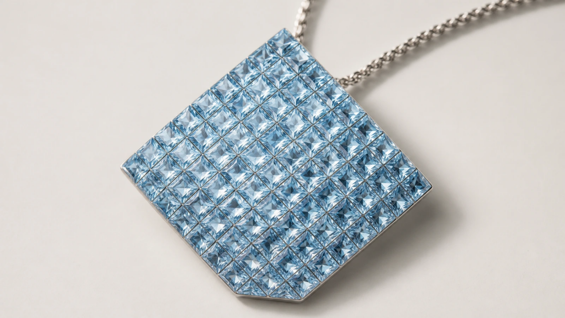 Photorealistic macro photograph of a seamless field of square pale-blue gemstones in an invisible-set pendant.