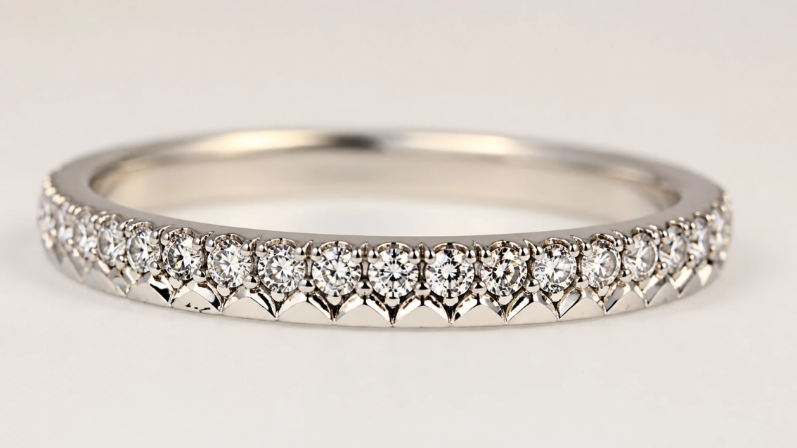 Photorealistic macro photograph of round diamonds secured by beads and repeated polished V-shaped fishtail cuts.