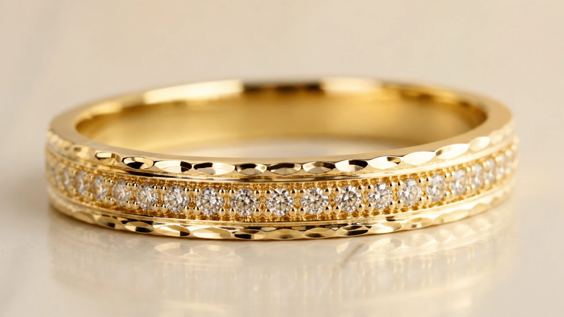 Photorealistic macro photograph of bead-set diamonds framed by two reflective bright-cut borders in a gold band.