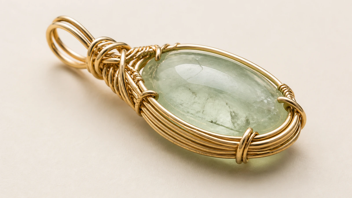 Photorealistic macro photograph of an oval pale-green cabochon enclosed by a structured multi-loop gold wire wrap.