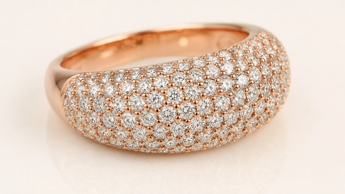Photorealistic macro photograph of a dense field of small diamonds held by tiny pavé beads on a rose-gold ring.
