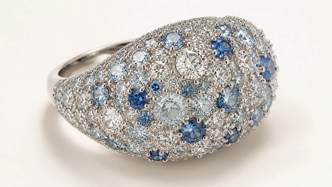 Photorealistic macro photograph of mixed-size diamonds and blue sapphires arranged in a dense snow-setting pattern.
