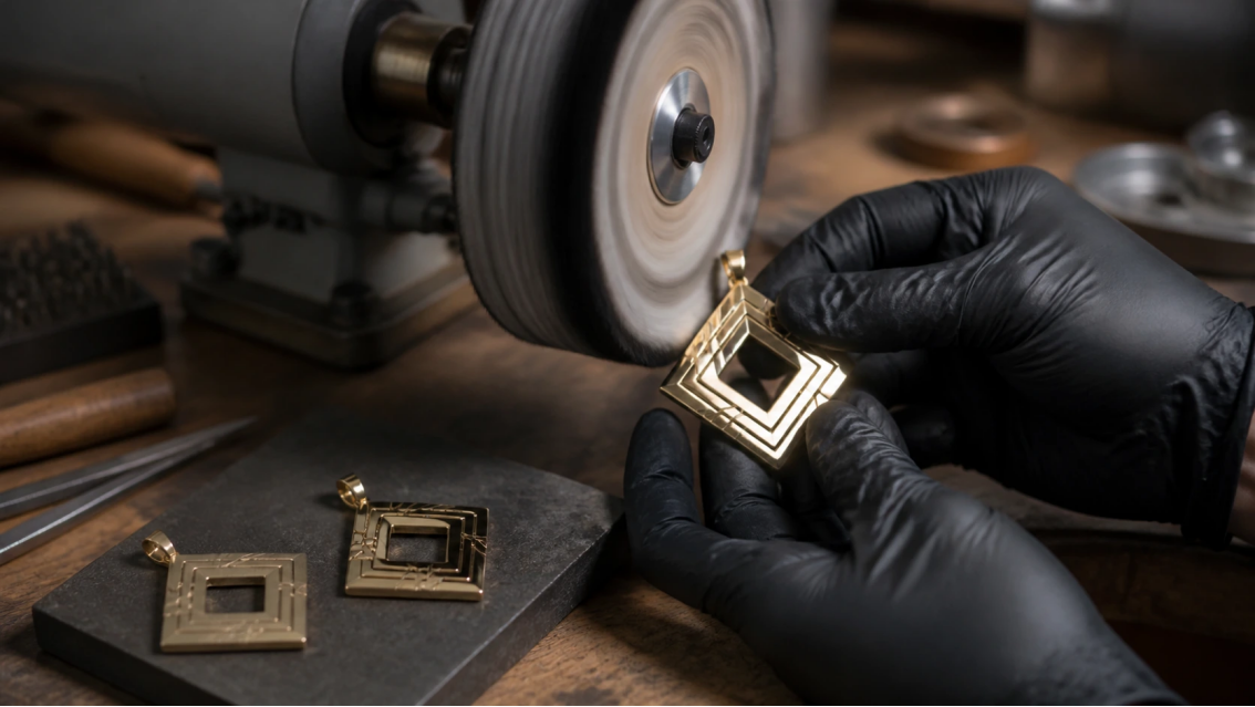 Gloved technician using a polishing wheel on an original geometric brass pendant in a jewelry workshop.