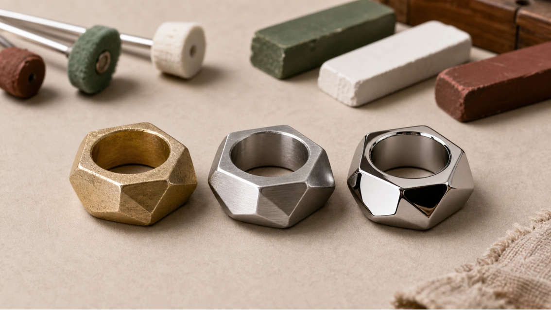 Original geometric metal rings showing raw cast, satin-brushed, and mirror-polished surface stages beside polishing compounds.