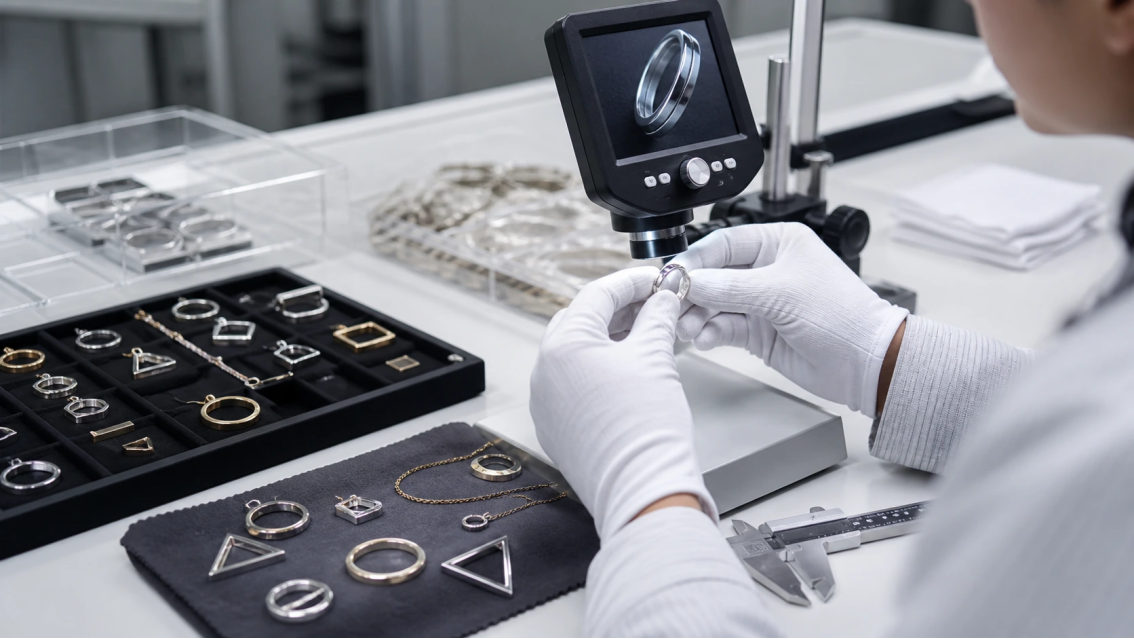 Gloved quality-control technician inspecting polished jewelry under a digital magnifier with a caliper and sample tray.