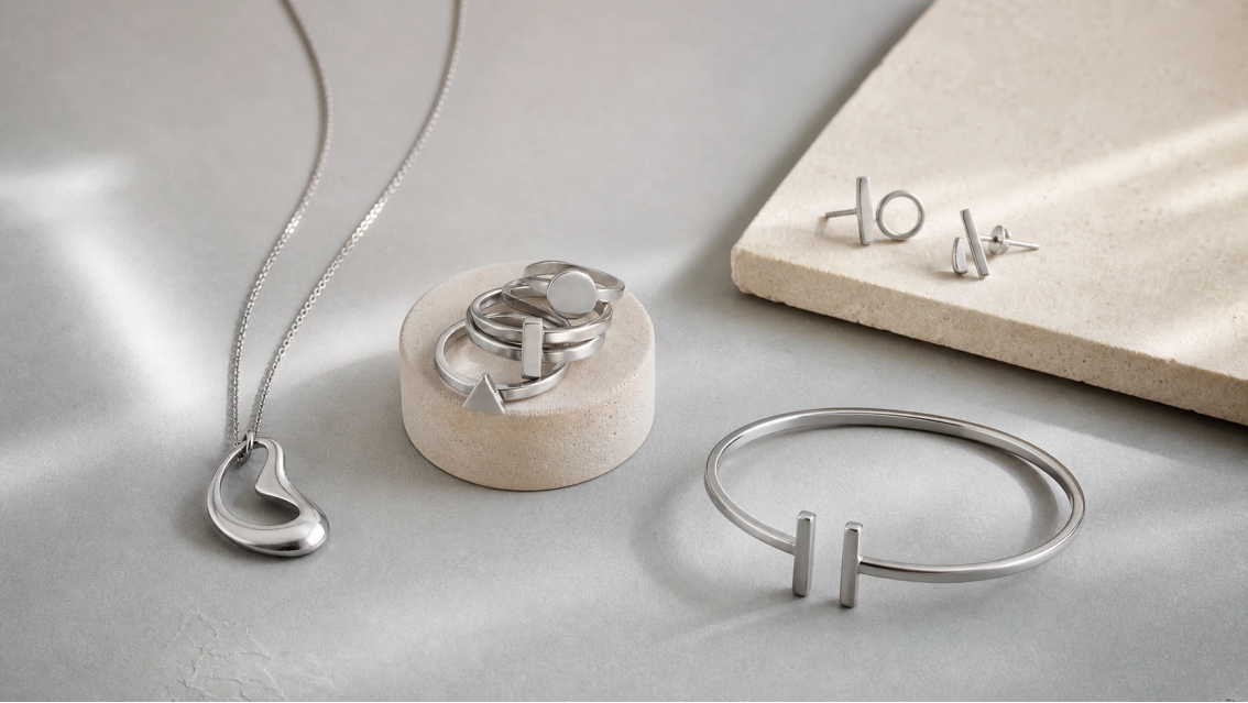 Minimalist Stainless Steel Jewelry Product Range Original minimalist stainless steel necklaces, rings, earrings, and cuff bracelet arranged as a coordinated product range.