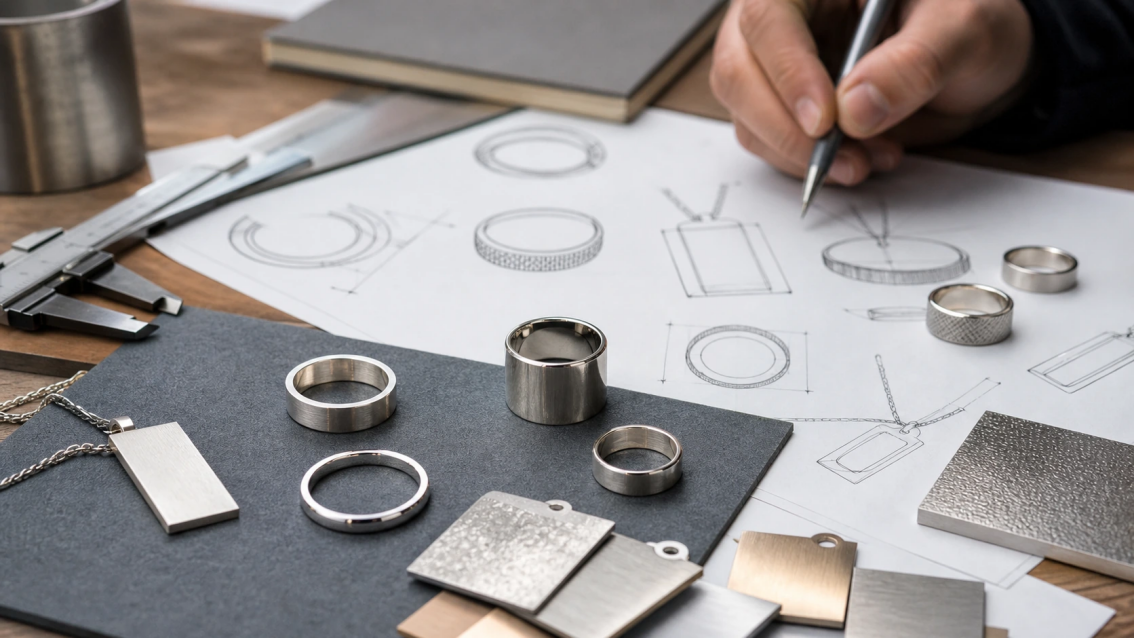Custom Stainless Steel Jewelry Development Stainless steel jewelry design samples, technical drawings, finish plates, and calipers at a product development workstation.