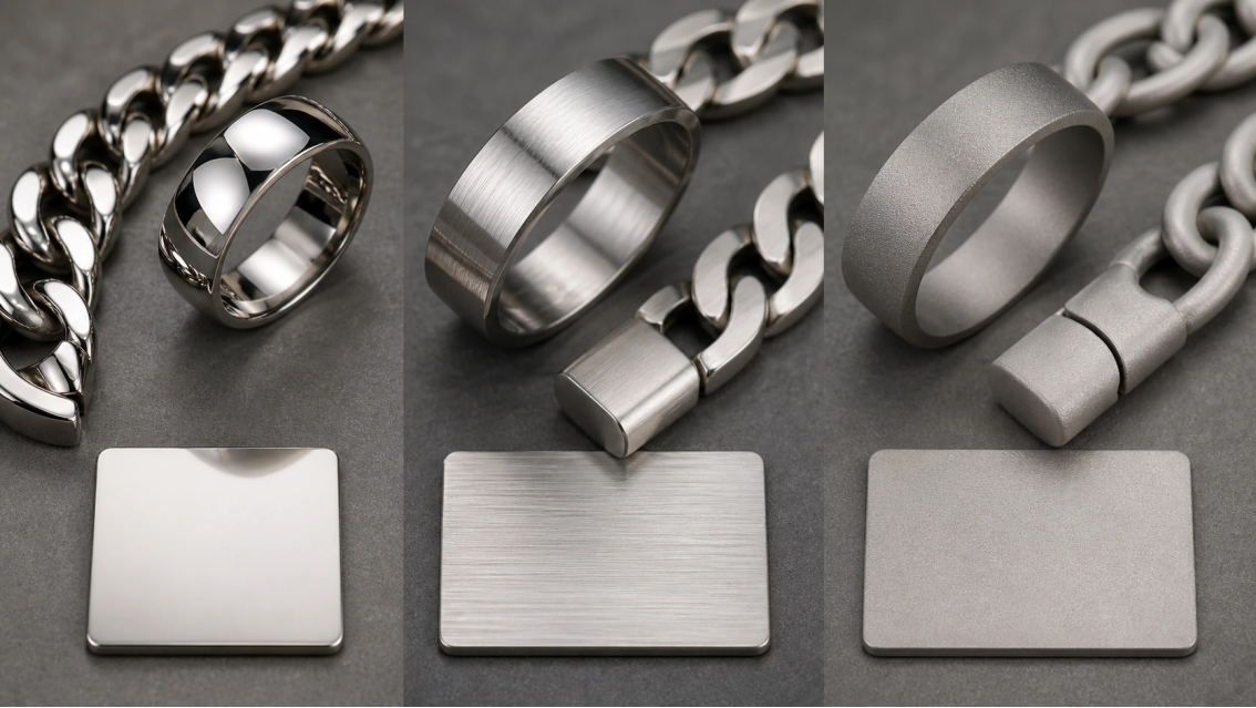Stainless Steel Jewelry Surface Comparison Original stainless steel jewelry showing mirror polished, brushed satin, and matte surface treatments.