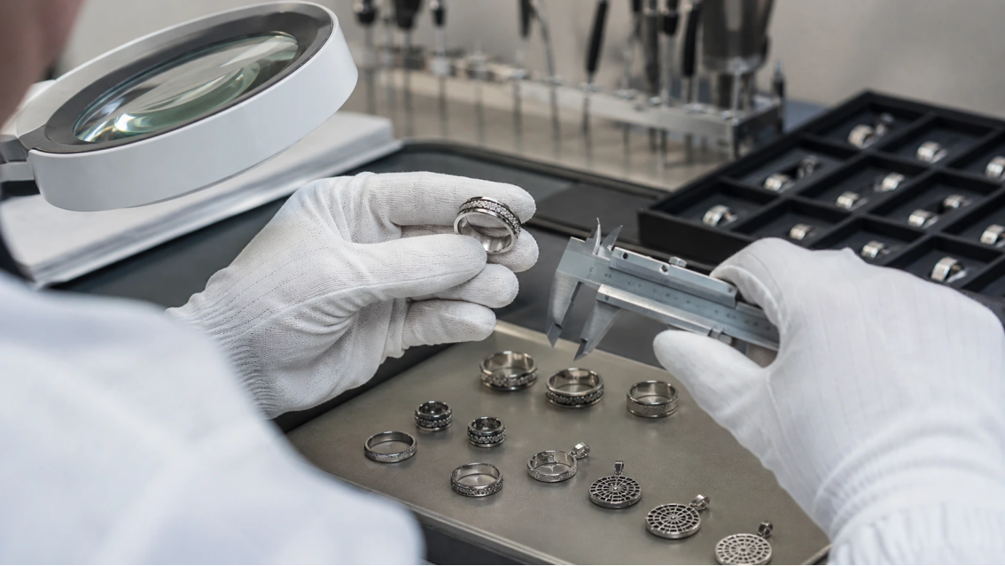 Stainless Steel Jewelry Quality Control Technician inspecting stainless steel rings and pendants with a magnifier and caliper at a quality-control workstation.