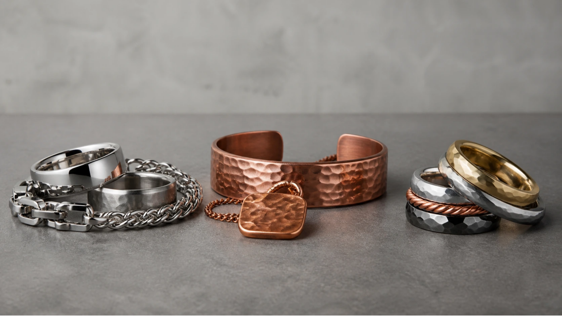 Original stainless steel, copper, and mixed-metal jewelry showing distinct color, texture, and finish directions.