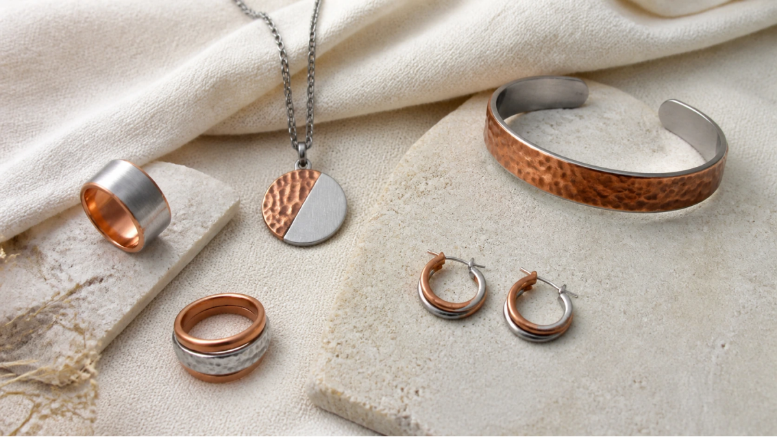 Original mixed-metal jewelry collection combining stainless steel and copper rings, cuff, pendant, and hoop earrings.
