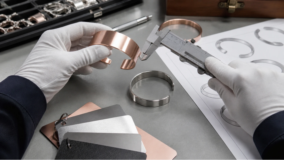 Gloved technician inspecting stainless steel and copper jewelry with a caliper, finish samples, and product drawings.