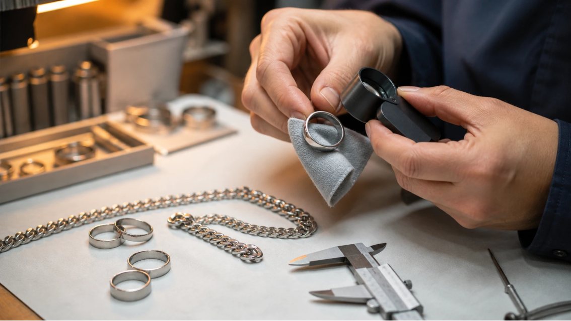 Everyday Jewelry Quality Inspection Technician checking a stainless steel ring and chain with a cloth, magnifier, and caliper at a jewelry workbench.
