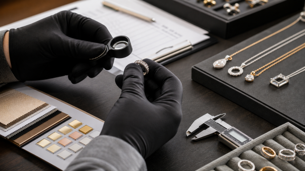 B2B jewelry sample inspection and manufacturing quality control Jewelry quality control specialist inspecting a ring sample with a loupe and caliper |