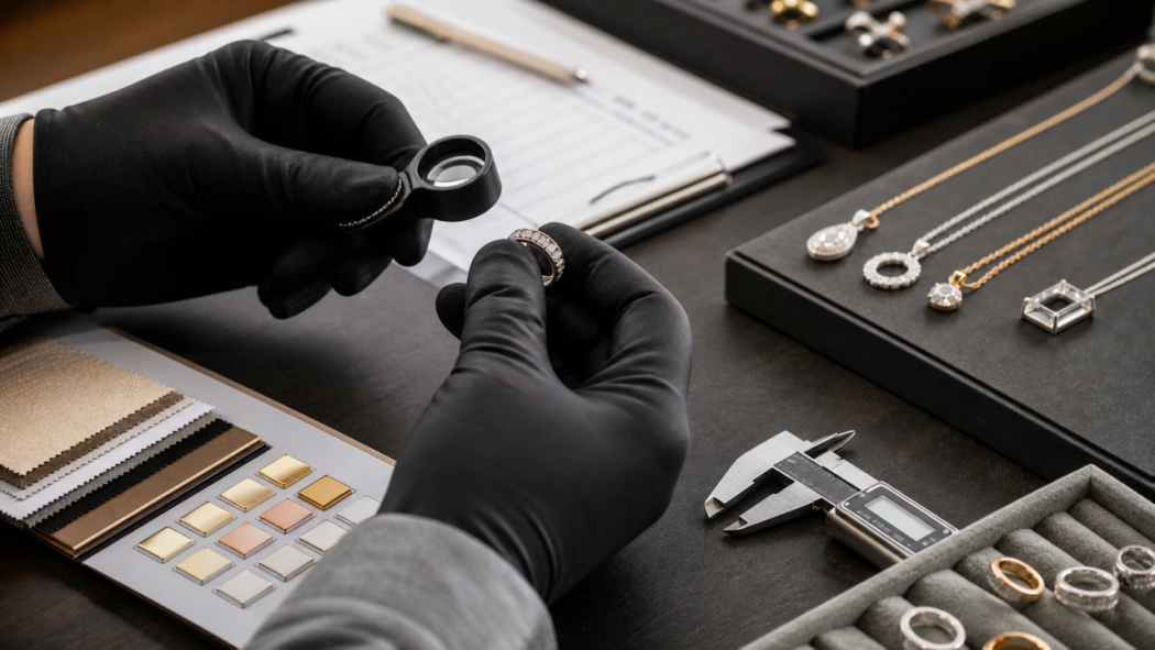 Quality control comparison for jewelry manufacturers and suppliers Jewelry sample inspection with a loupe, caliper, finish swatches, and product references