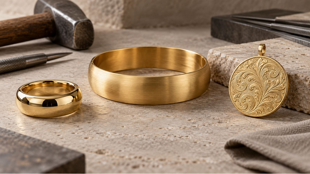 Gold Jewelry Surface Finish Comparison Comparison of polished, brushed and textured gold jewelry surfaces
