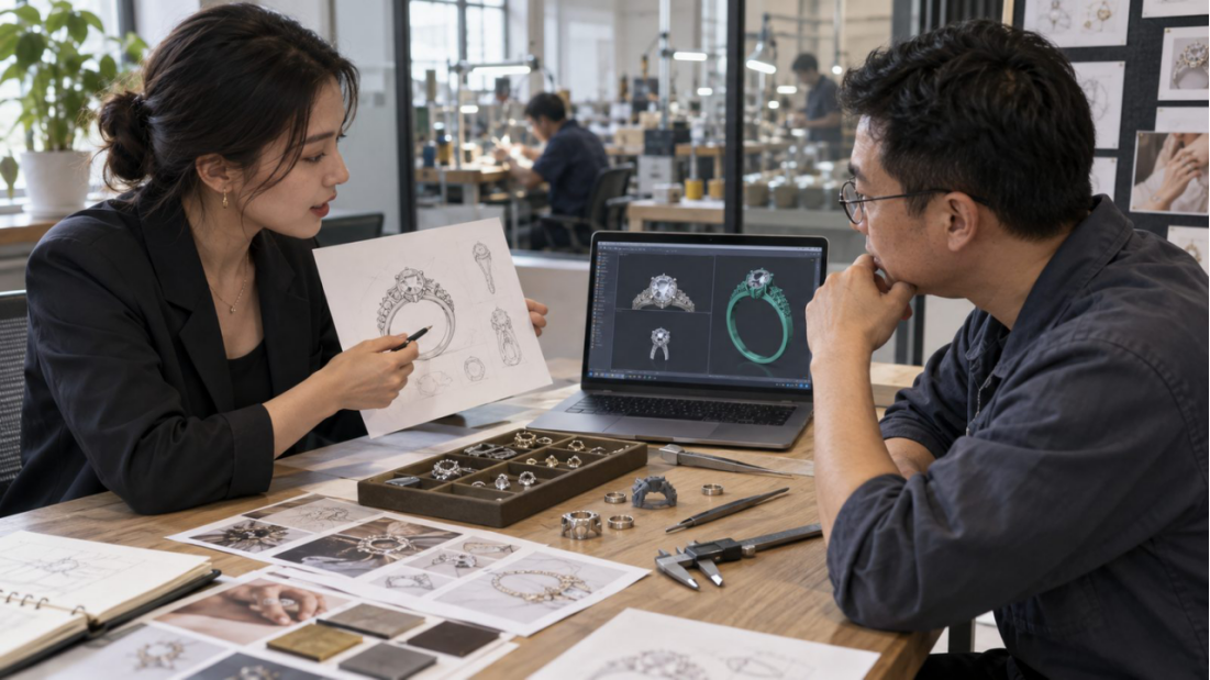 Brand designer and jewelry engineer reviewing an original sketch, CAD model and components