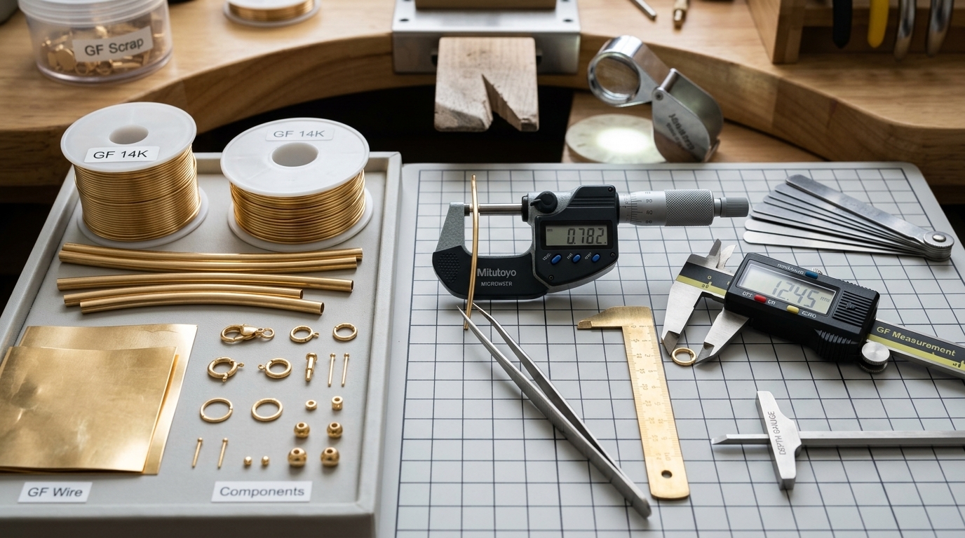 Gold filled material inspection and component preparation Gold bonded material and jewelry components shown beside measurement tools