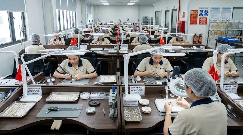 Jewelry manufacturing workstations for detailed finishing and inspection Company-provided precision jewelry workstations associated with JINYI Vietnam operations