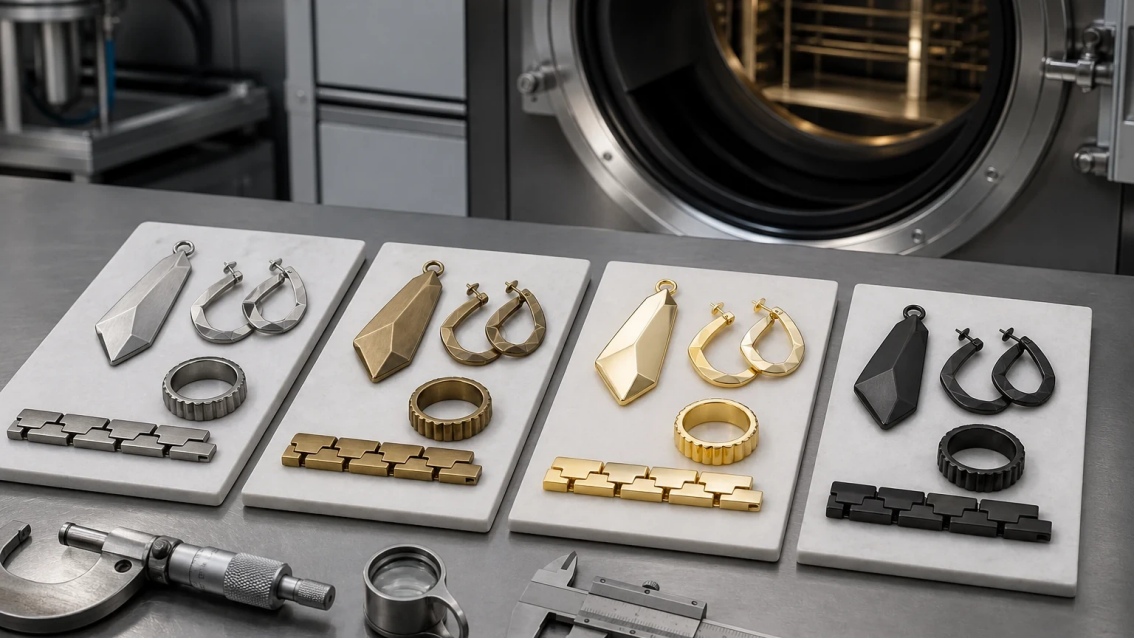 Jewelry Surface Finishing and PVD Process Control Stainless steel and brass jewelry components shown across unfinished, gold, and dark surface finishes