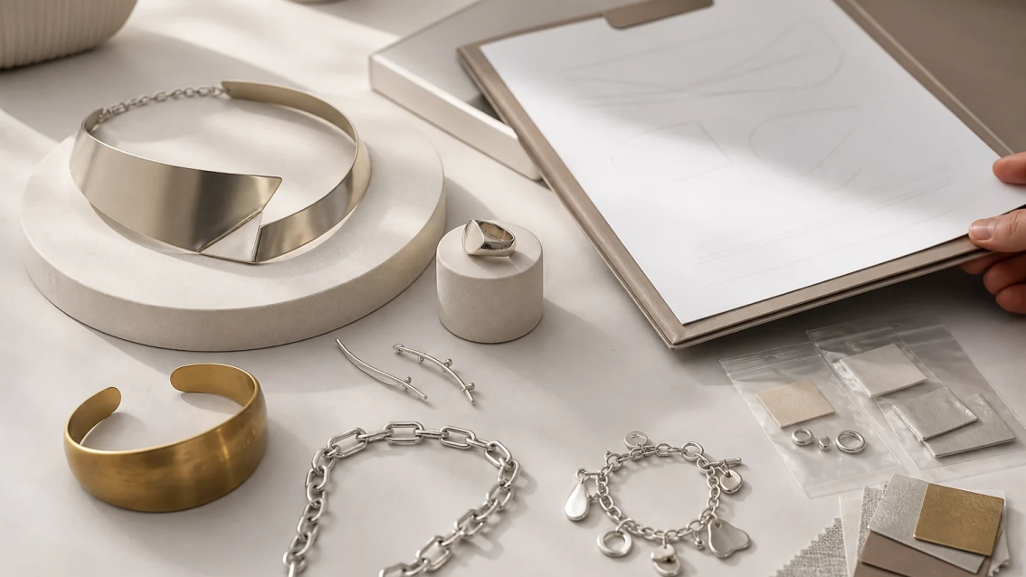B2B Jewelry Collection and Specification Review Original multi-material jewelry collection arranged with specification samples for B2B buyer review