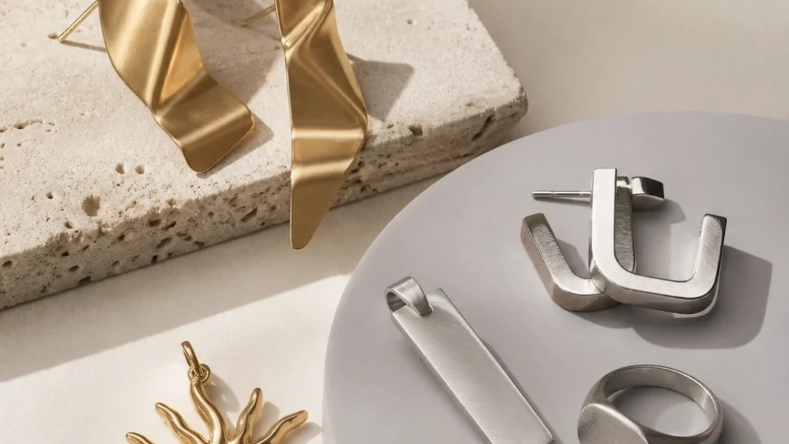 Gold-tone folded-ribbon earrings and sunburst pendant beside brushed stainless steel earrings, pendant, and signet ring