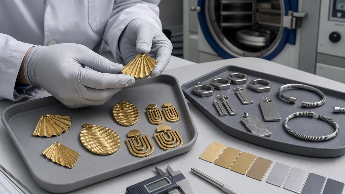 Illustrative jewelry quality-control scene with gold-tone cast components, geometric stainless steel pieces, finish samples, and measuring tools