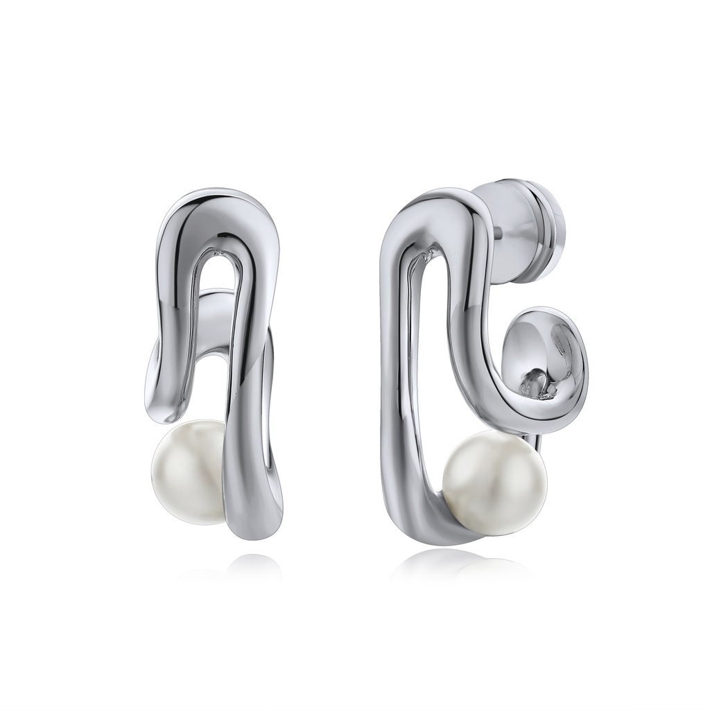 Abstract Silver Drop Earrings with Pearl Accent
