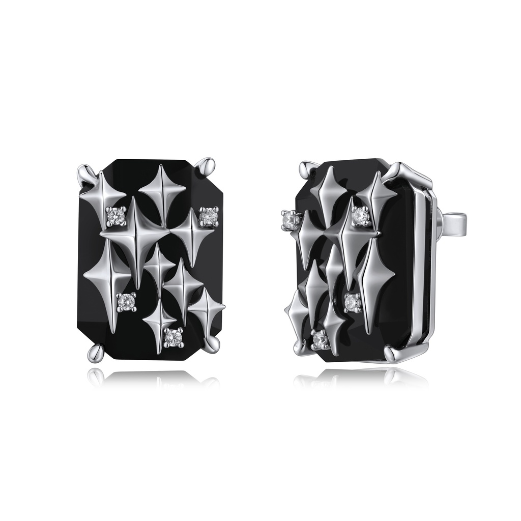 Black Geometric Stud Earrings with Sparkling Star Detail